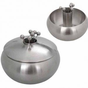 Stainless steel snack dish with 6 cocktail picks