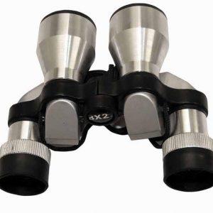 Silver opera binoculars with cleaning cloth and pouch
