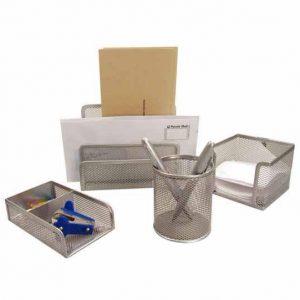 Silver mesh 4 piece stationery set with logo plate