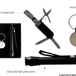 Black LED torch, pocket knife and keyring in gift box
