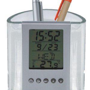 pen holder with alarm clock and thermometer